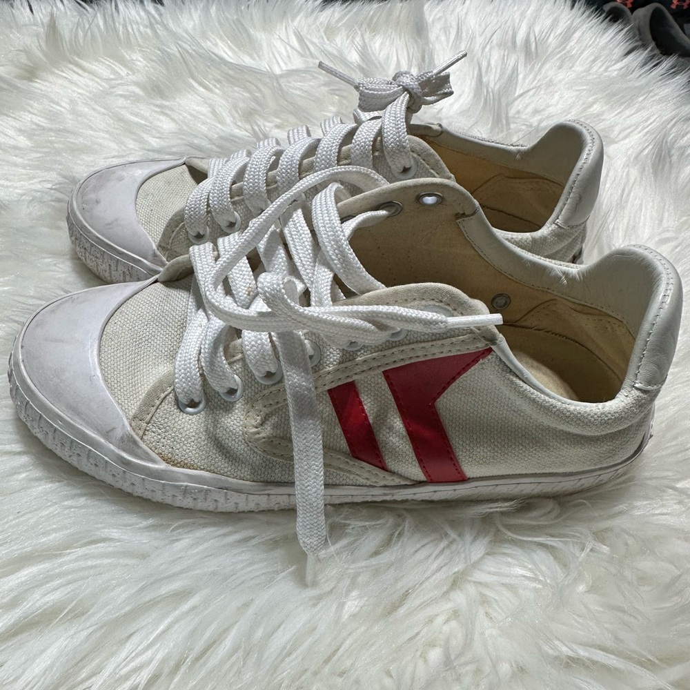 Celine Ladies White Canvas Sneakers with Red Accent